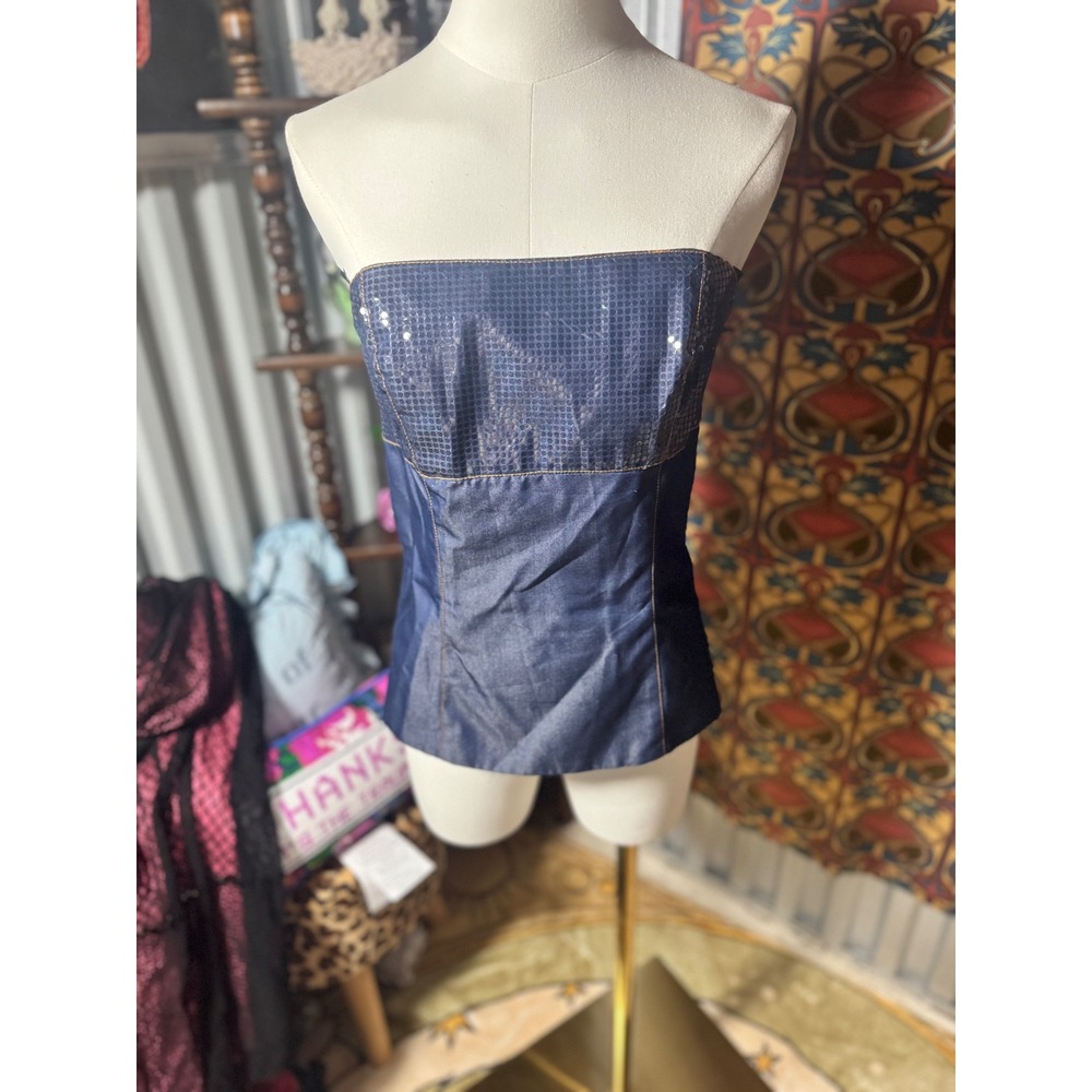 ABS by Allen Schwartz‎ Evening Sequin Denim Corset Top Size 8